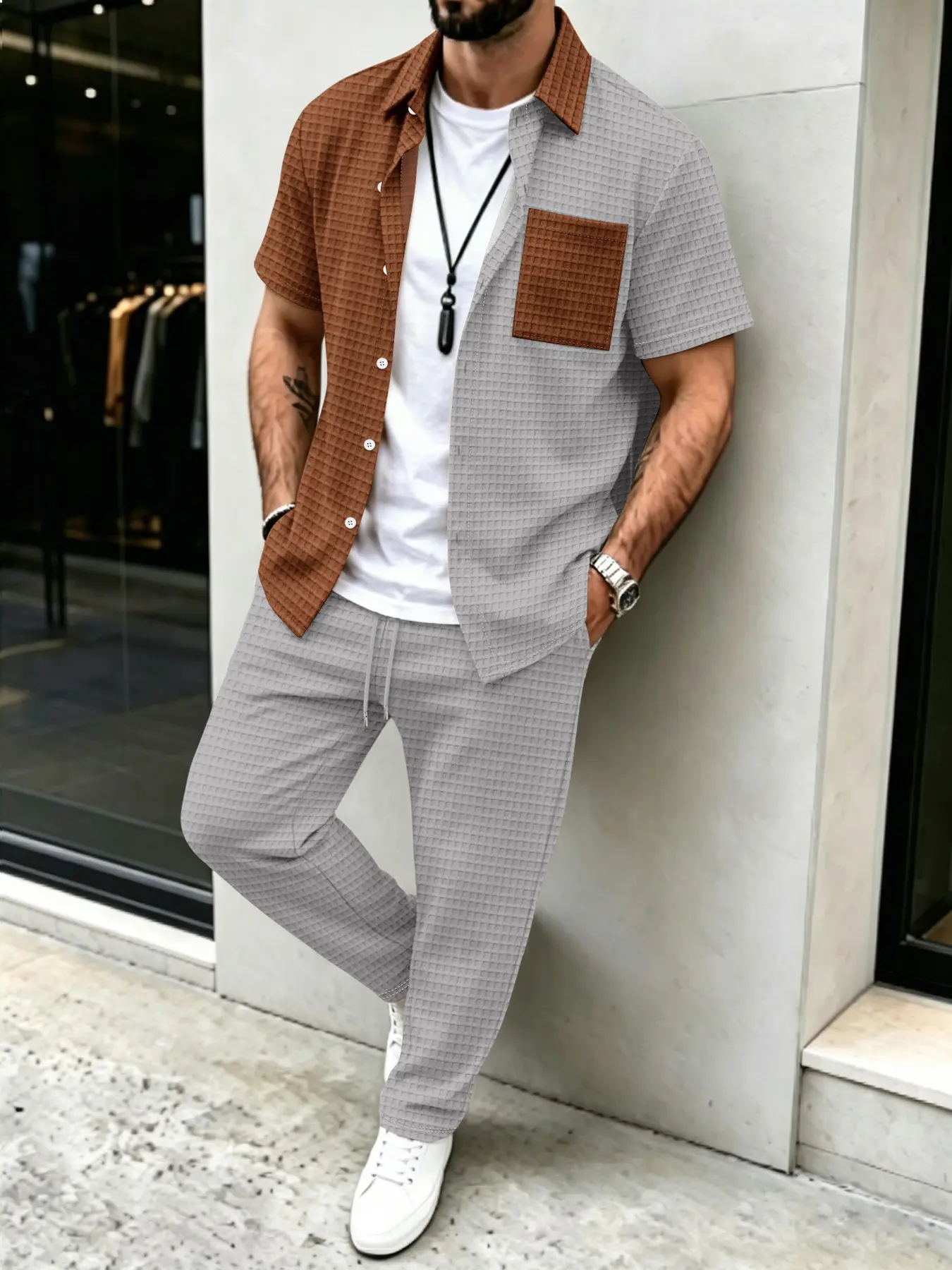Summer Clothes Fashion - Conjunto Masculino Casual com Padrão Waffle